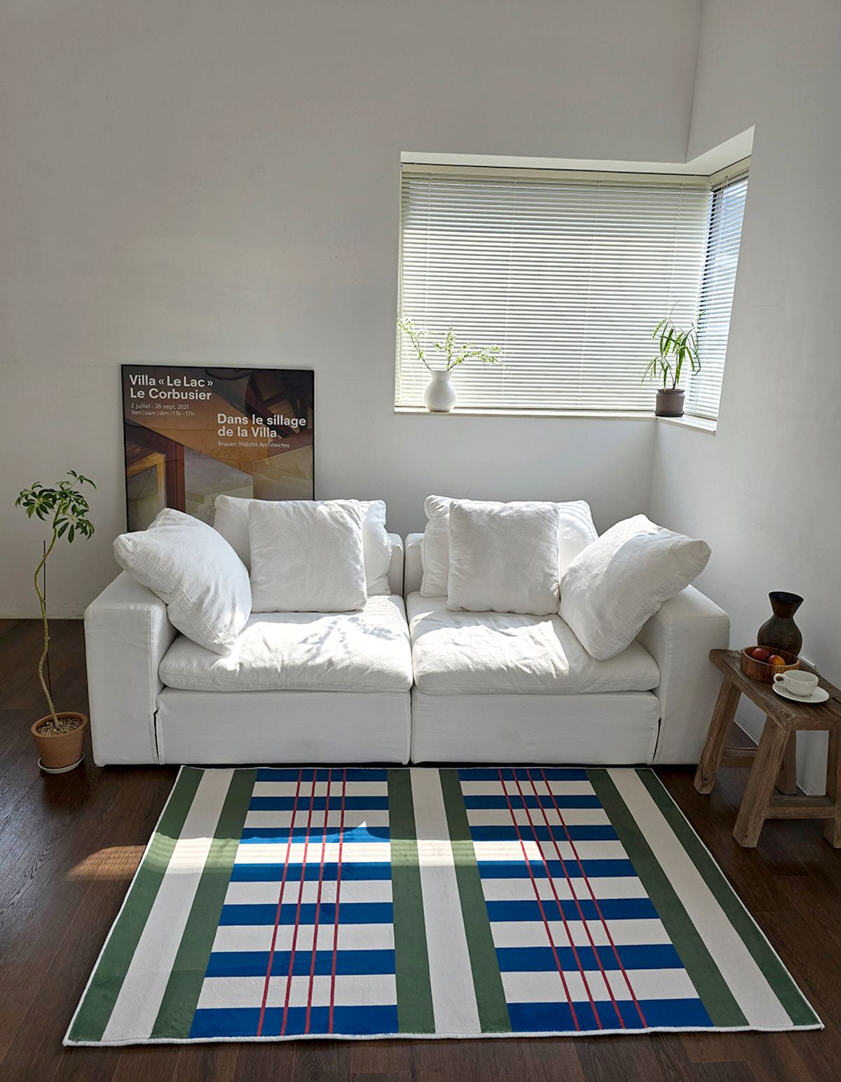 블랑쉬하우스(BLANCHE HOUSE) 블랑쉬 블루 그린  스트라이프 체크 소프트 사계절 러그