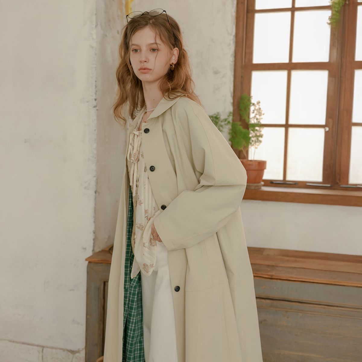 프라우드 마리(PROUD MARY) PM_Beige casual green check long coat
