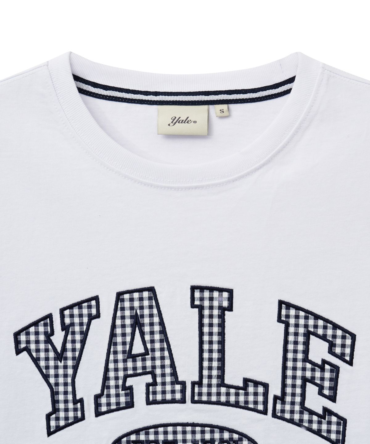 예일(YALE) 우먼즈 시어서커 체크 투톤 아치 티셔츠_화이트