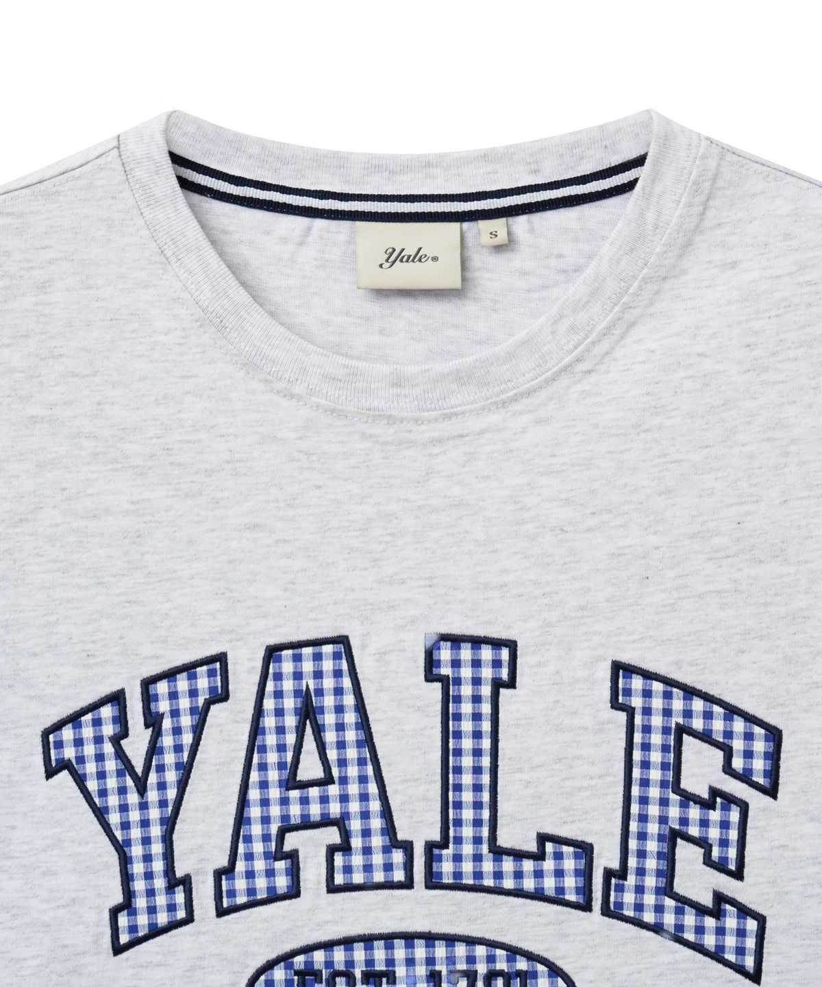 예일(YALE) 우먼즈 시어서커 체크 투톤 아치 티셔츠_라이트 그레이