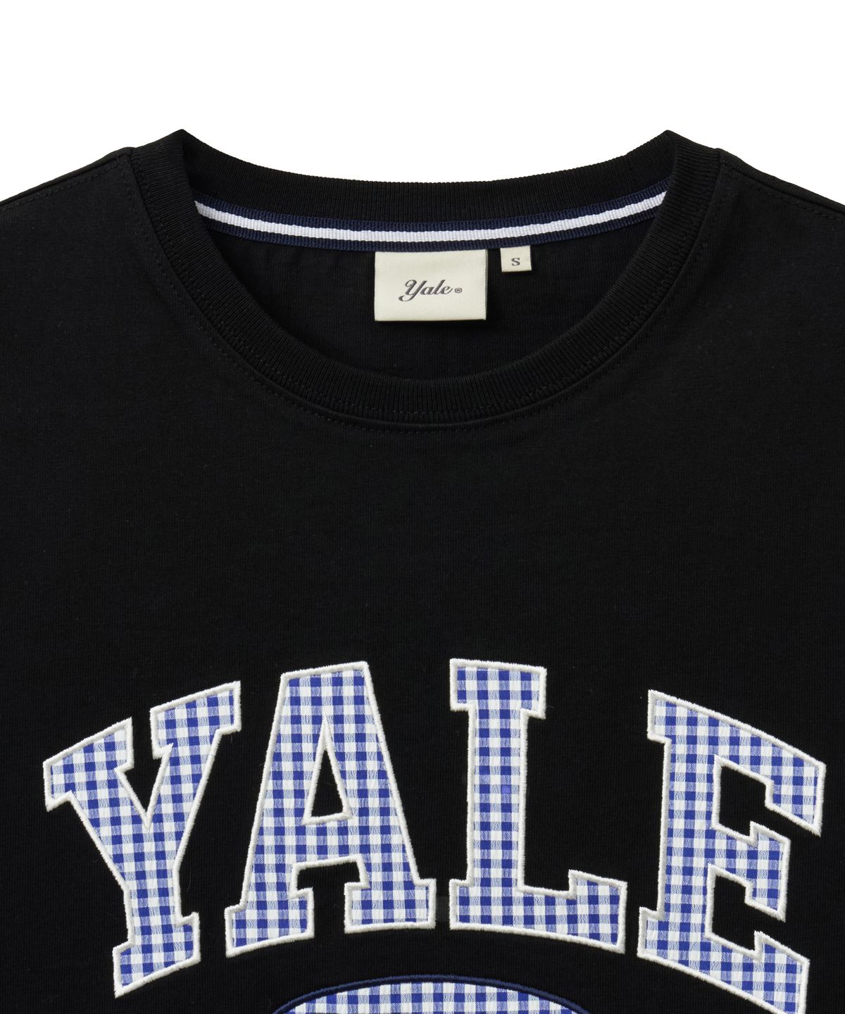 예일(YALE) 우먼즈 시어서커 체크 투톤 아치 티셔츠_블랙