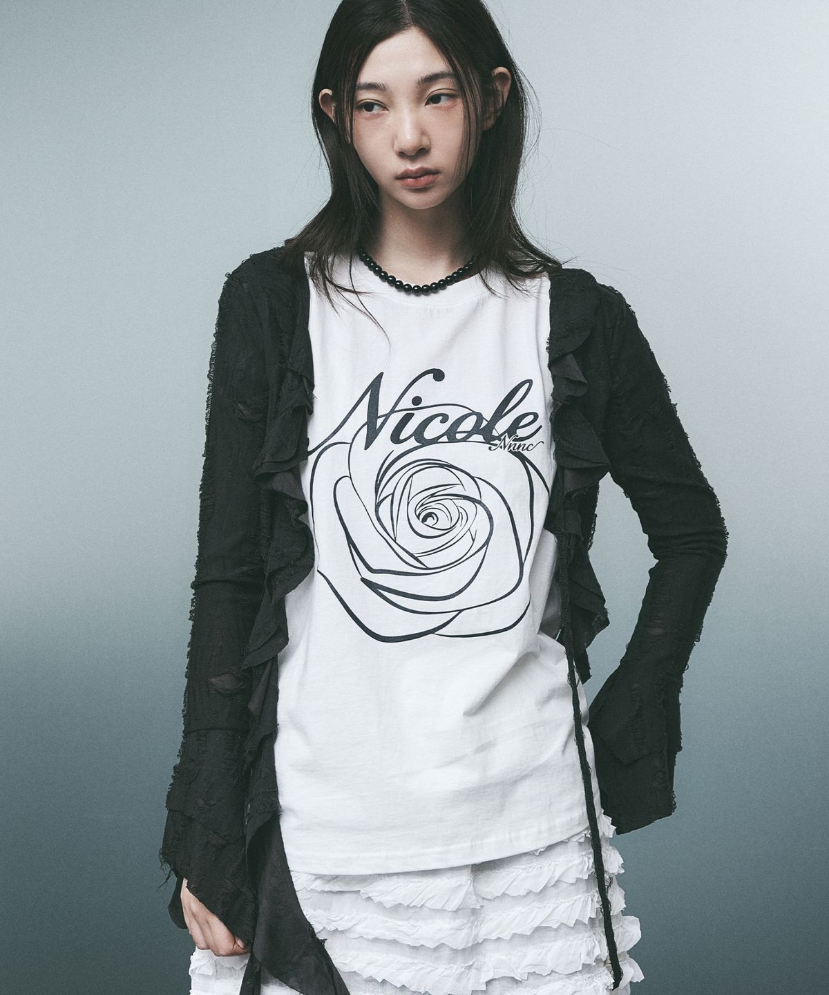 닉앤니콜(NICK&NICOLE) DISTRESSED RUFFLE TIE CARDIGAN_BLACK