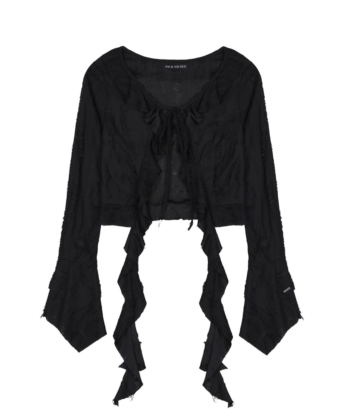 닉앤니콜(NICK&NICOLE) DISTRESSED RUFFLE TIE CARDIGAN_BLACK