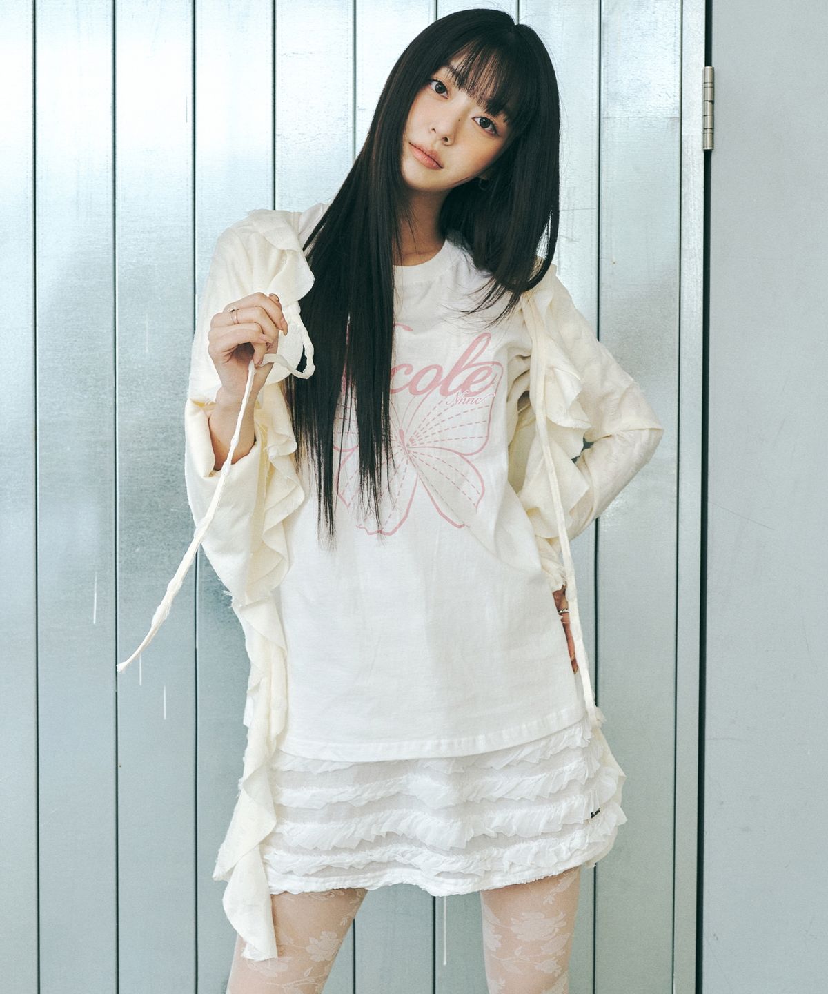 닉앤니콜(NICK&NICOLE) DISTRESSED RUFFLE TIE CARDIGAN_CREAM