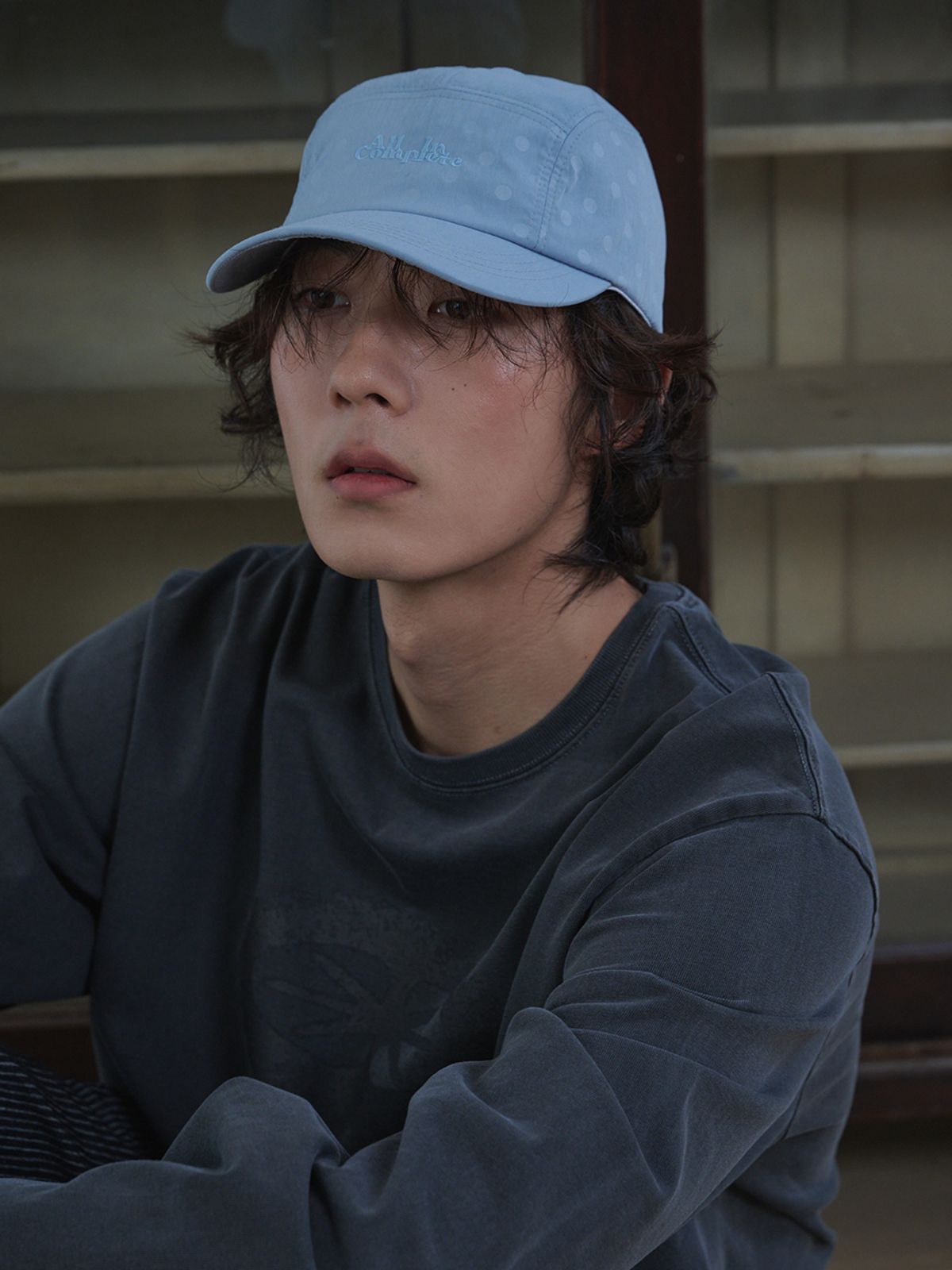 올인컴플리트(ALLINCOMPLETE) 플리커 도트 캠프 캡 (스카이 블루)