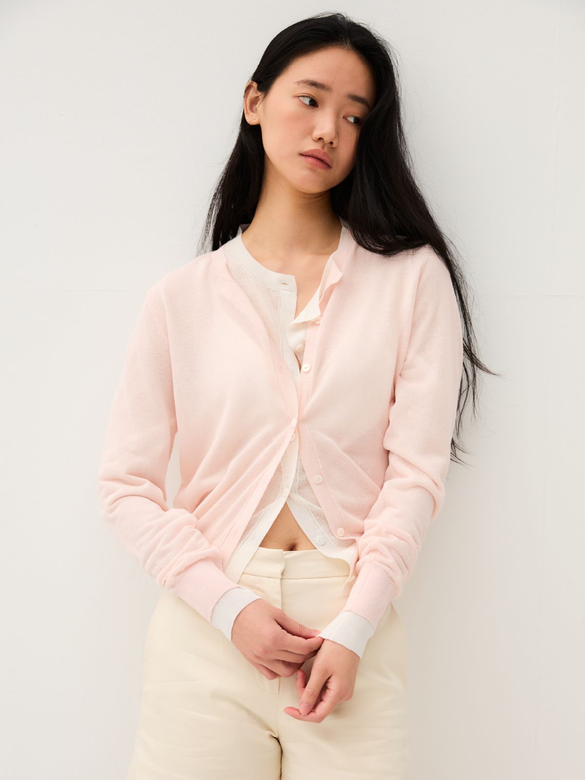 안토메(ANTOME) 클레어 린넨 시어 가디건 (셸 핑크)