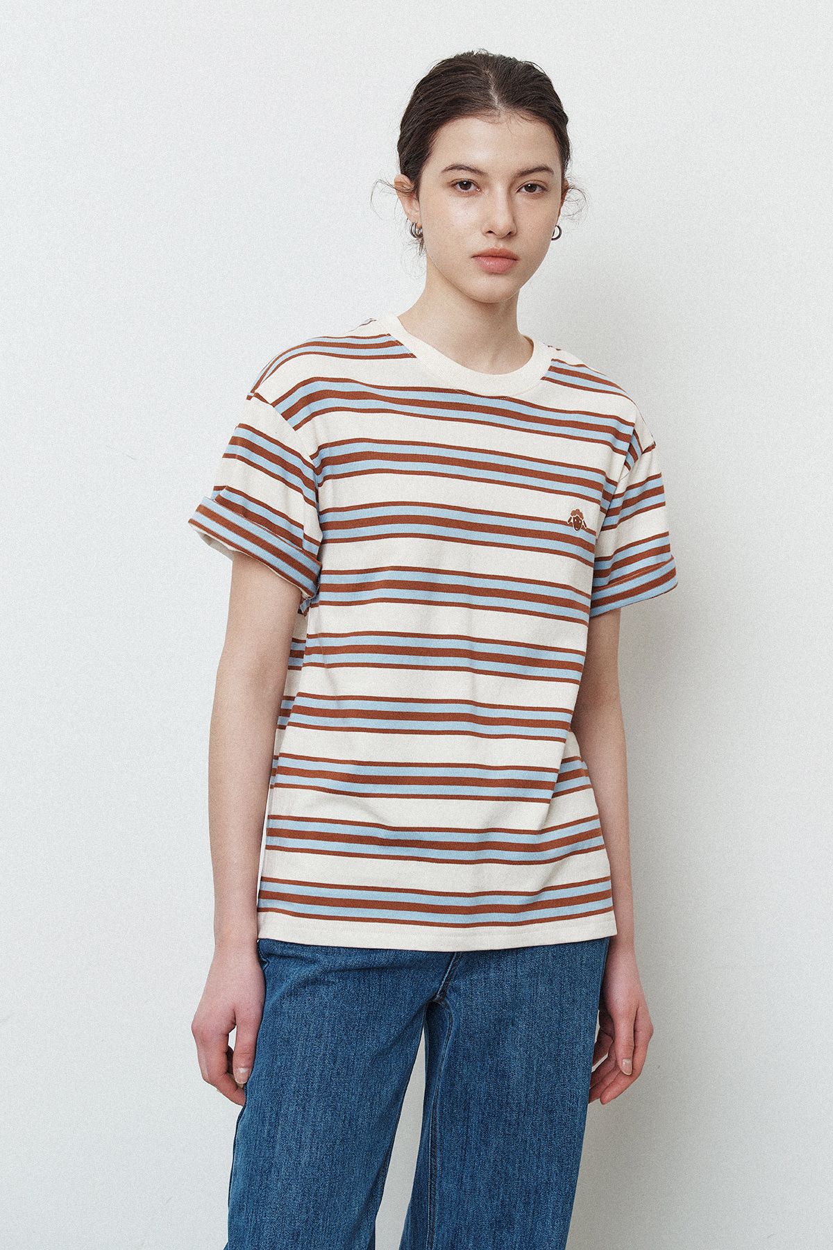 르몽생미셸(LE MONT ST MICHEL) Cotton Stripe Round Neck T-shirt_Brown