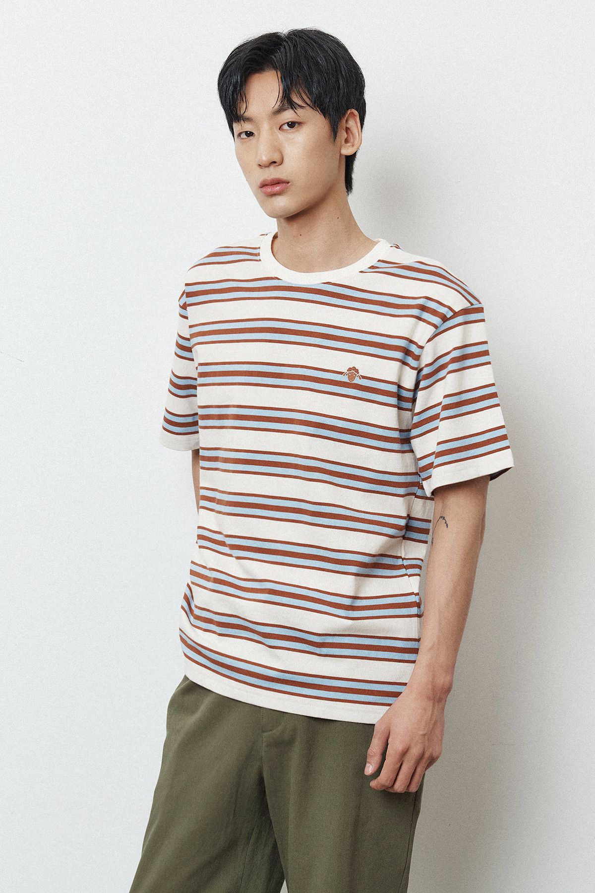 르몽생미셸(LE MONT ST MICHEL) Cotton Stripe Round Neck T-shirt_Brown