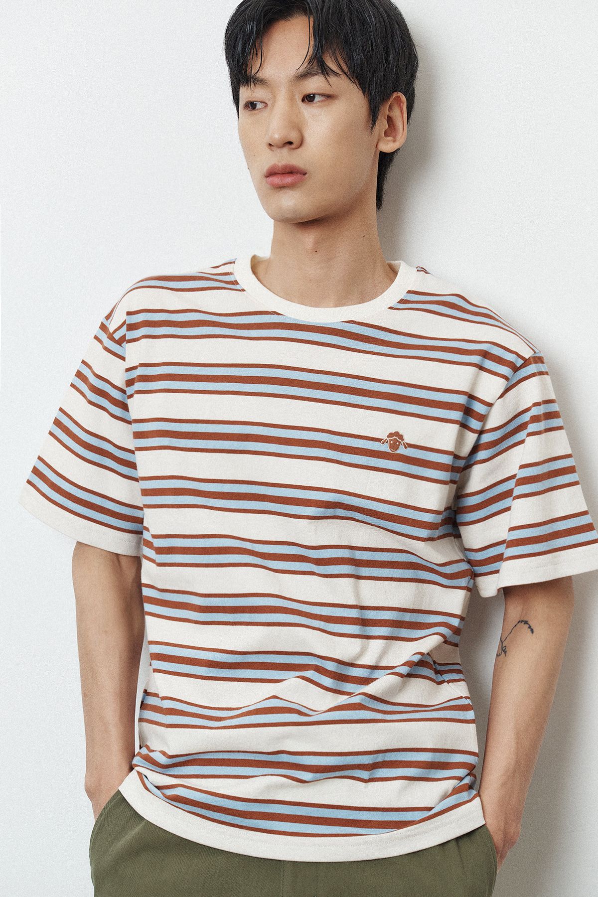 르몽생미셸(LE MONT ST MICHEL) Cotton Stripe Round Neck T-shirt_Brown