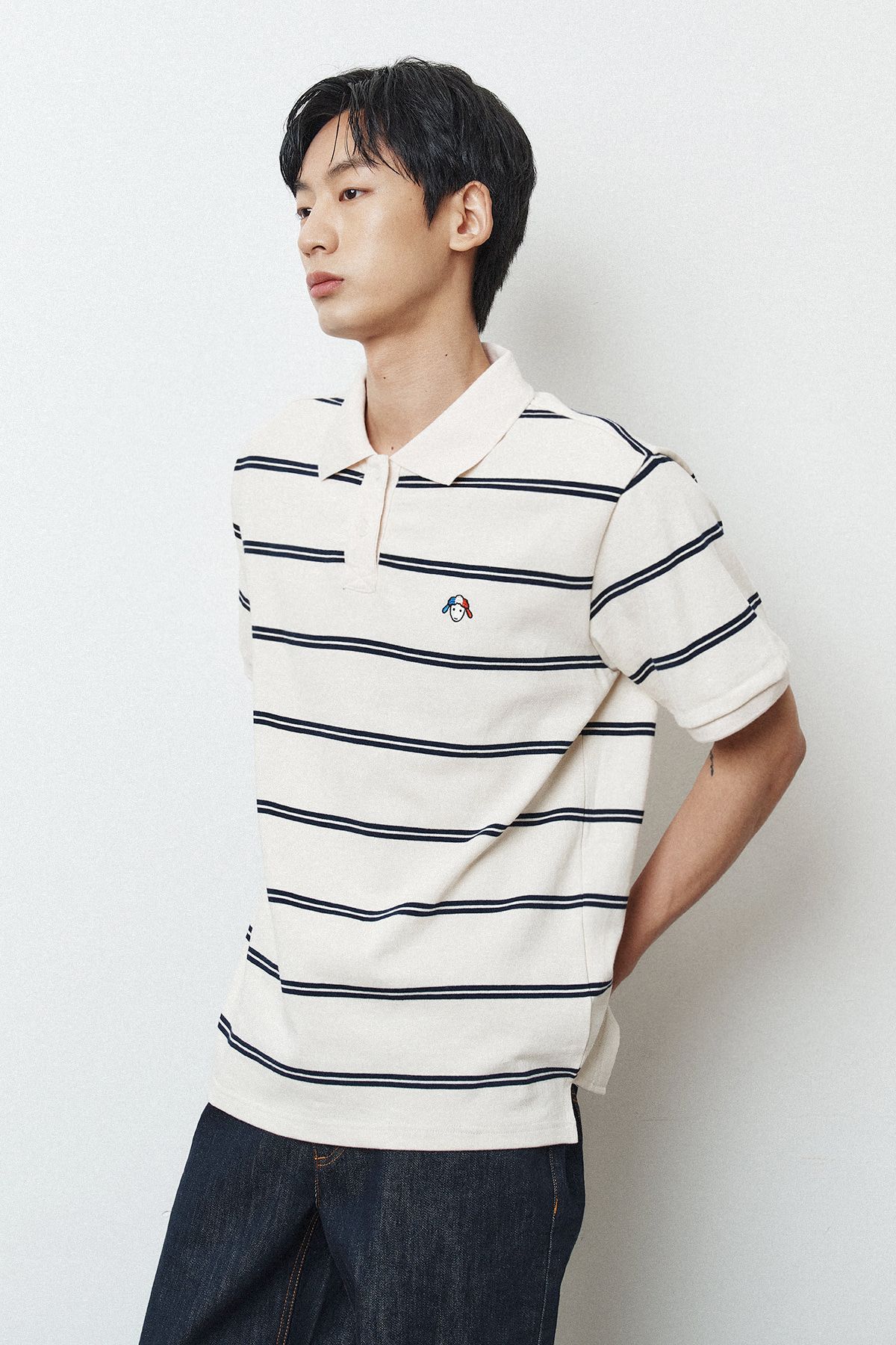 르몽생미셸(LE MONT ST MICHEL) Cotton Stripe Polo T-shirt_Ivory