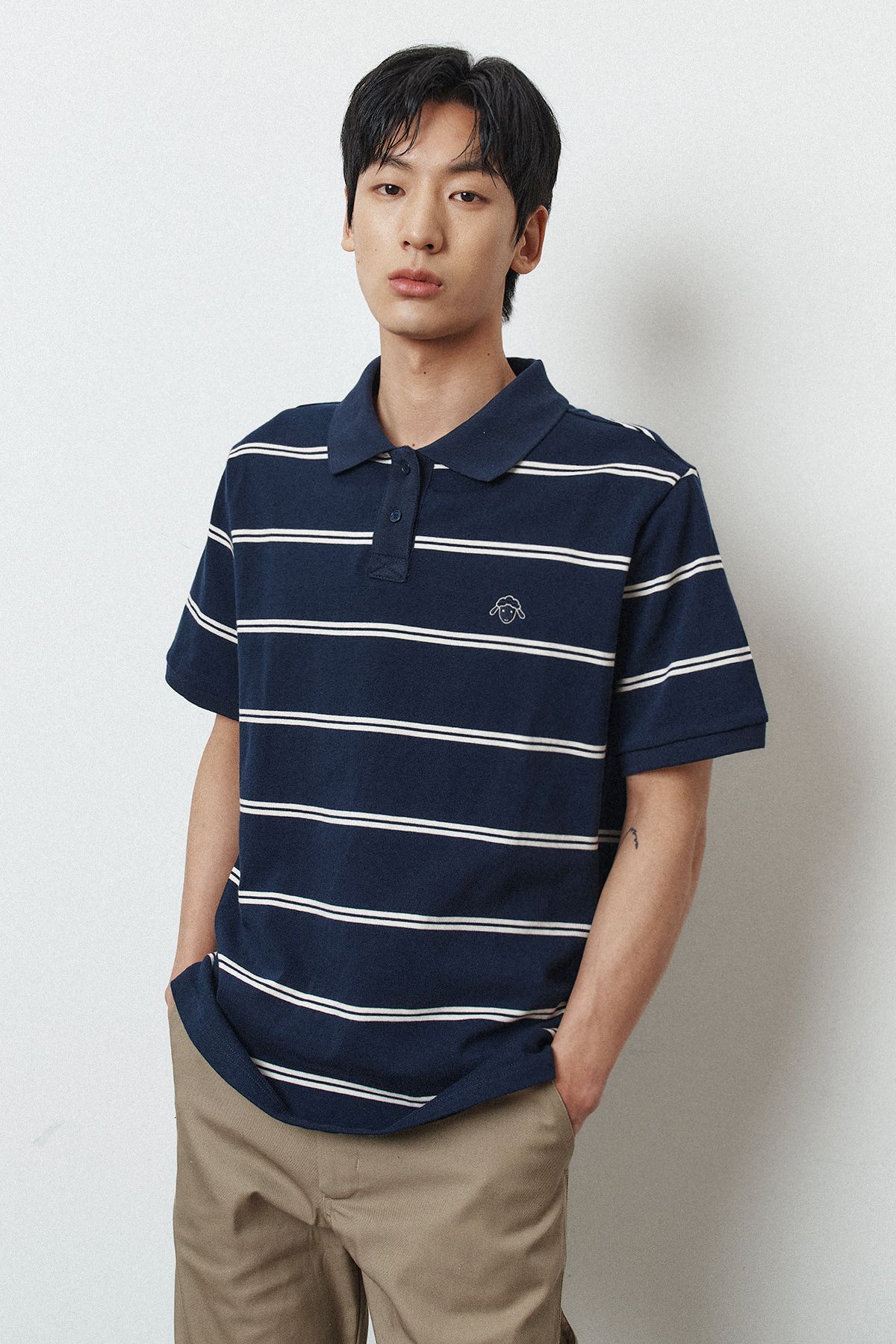 르몽생미셸(LE MONT ST MICHEL) Cotton Stripe Polo T-shirt_Navy