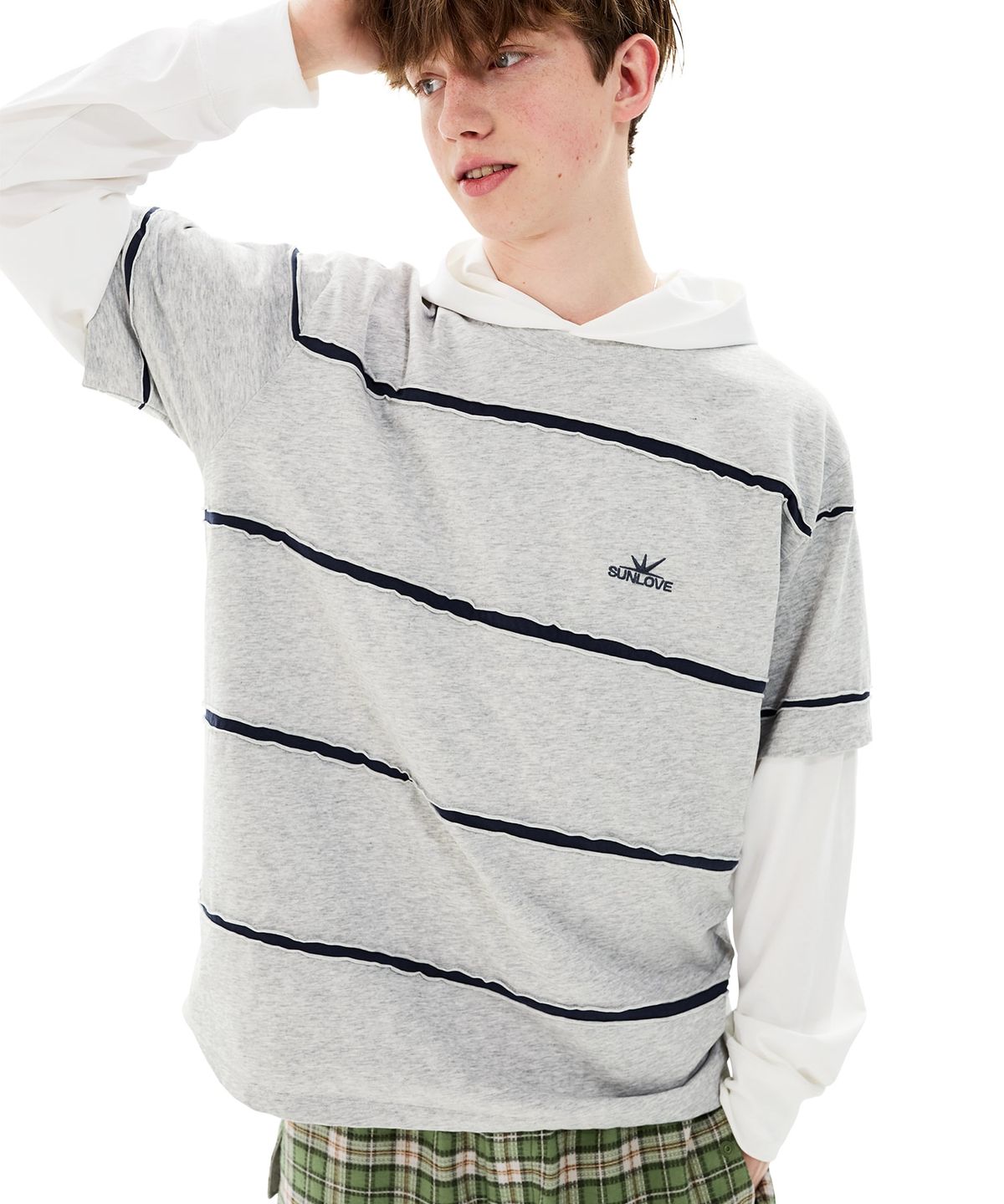 썬러브투어(SUNLOVETOUR) Raw Edge Stripe Tee Heather Grey