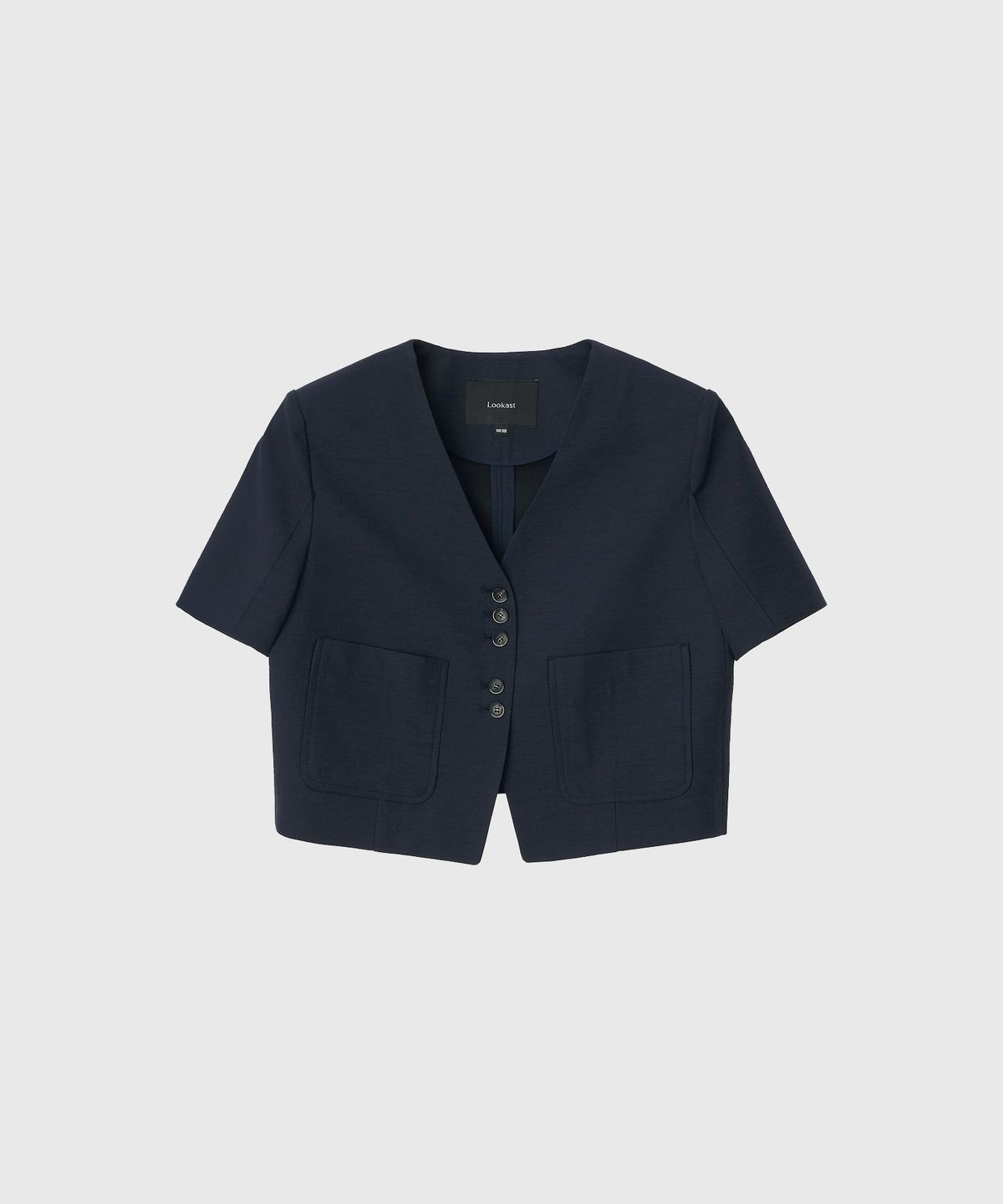 룩캐스트(LOOKAST) 코린 린넨 카라리스 크롭 자켓_네이비 / CORINNE LINEN COLLARLESS CROP JACKET_NAVY