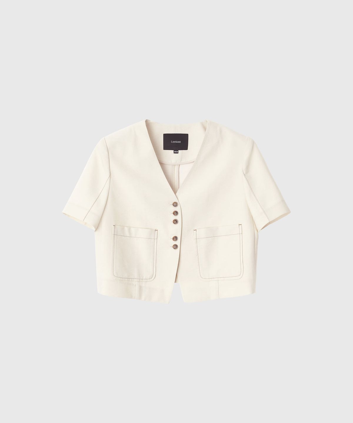 룩캐스트(LOOKAST) 코린 린넨 카라리스 크롭 자켓_라이트 베이지 / CORINNE LINEN COLLARLESS CROP JACKET_LIGHT BEIGE