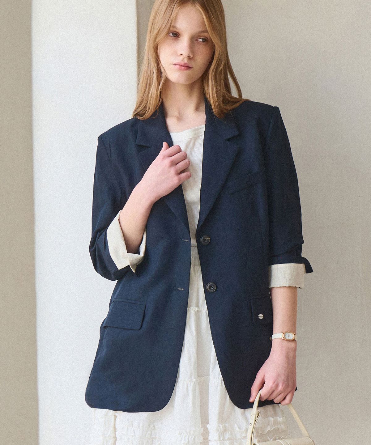슬로우롤리(SLOWLOLLI) Turn up linen blazer_2 Colors