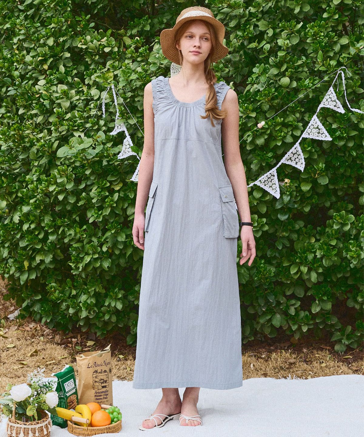 슬로우롤리(SLOWLOLLI) Gather pocket dress - Dusty blue