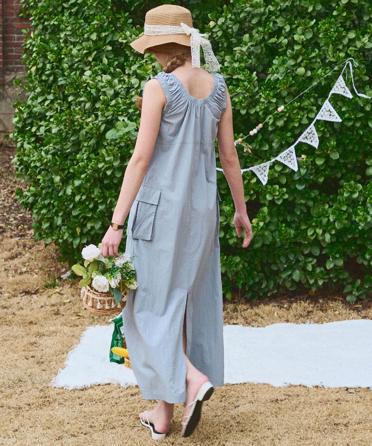 슬로우롤리(SLOWLOLLI) Gather pocket dress - Dusty blue