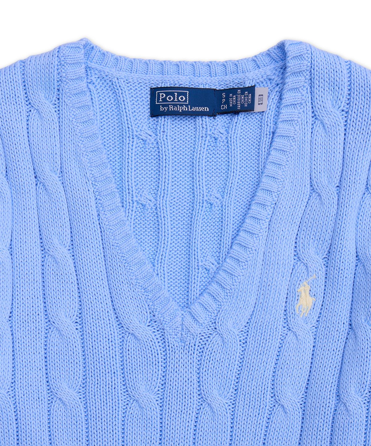 폴로 랄프 로렌(POLO RALPH LAUREN) 케이블 니트 코튼 브이넥 스웨터-블루