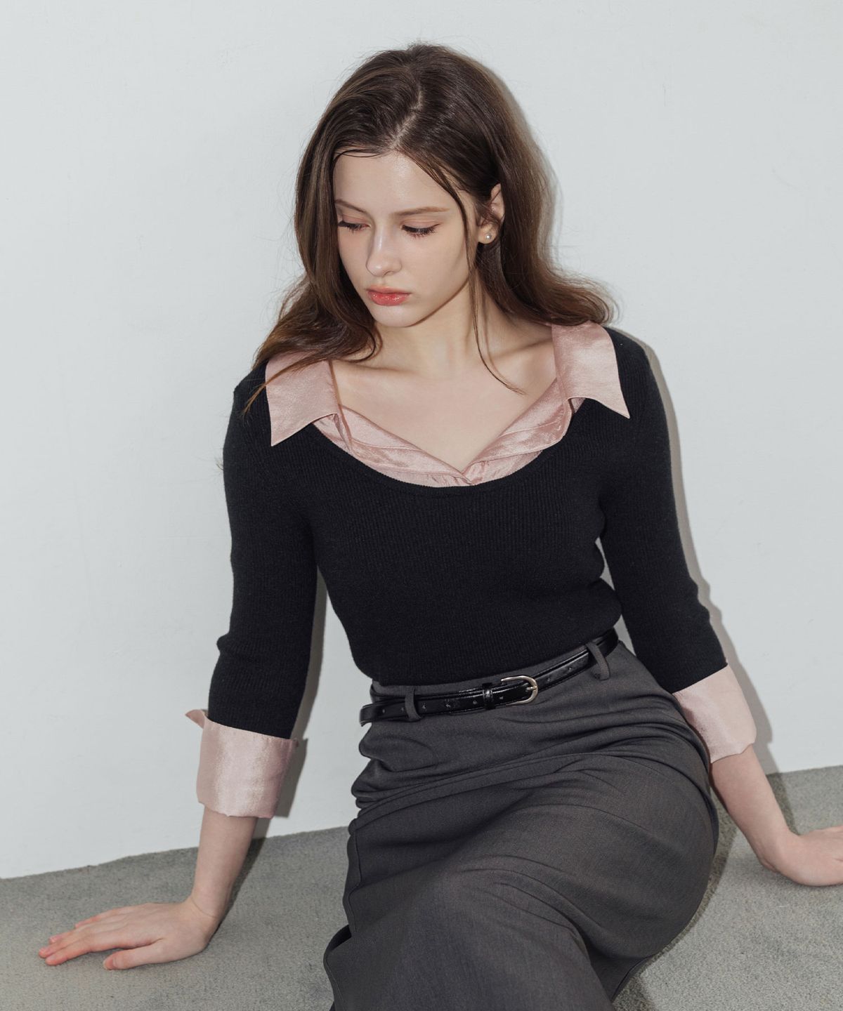 로트르드민(LAUTREDE MIN) [컬러추가] Layered sheer shirt knit