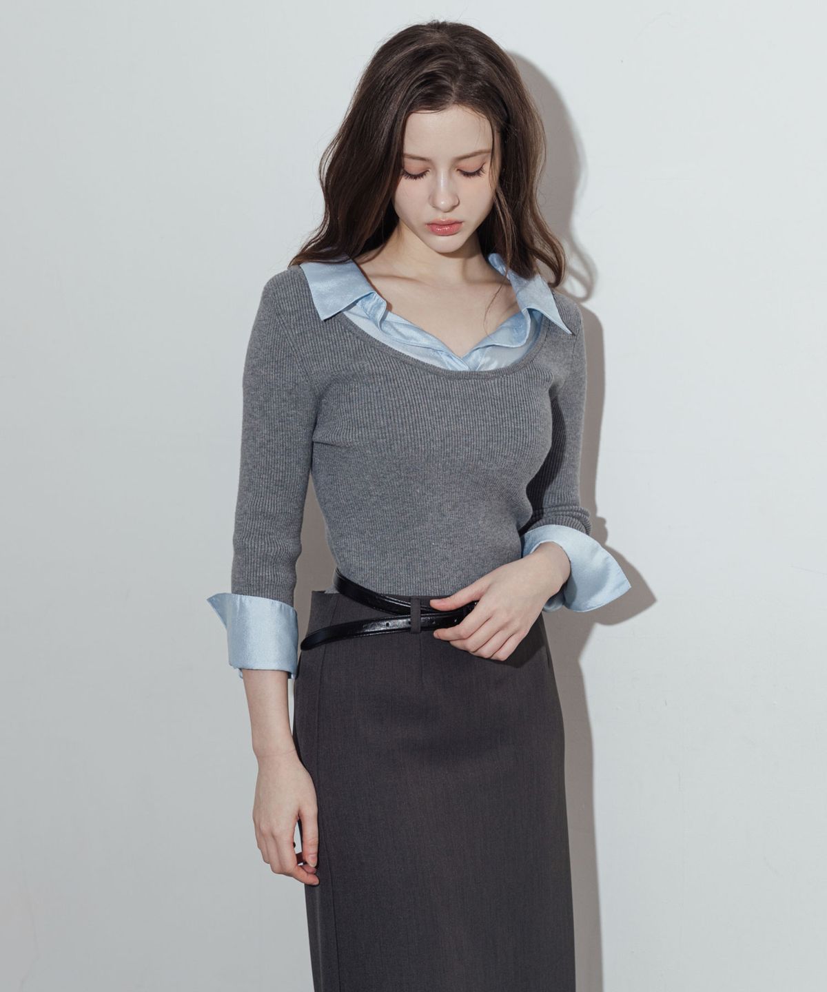 로트르드민(LAUTREDE MIN) [컬러추가] Layered sheer shirt knit