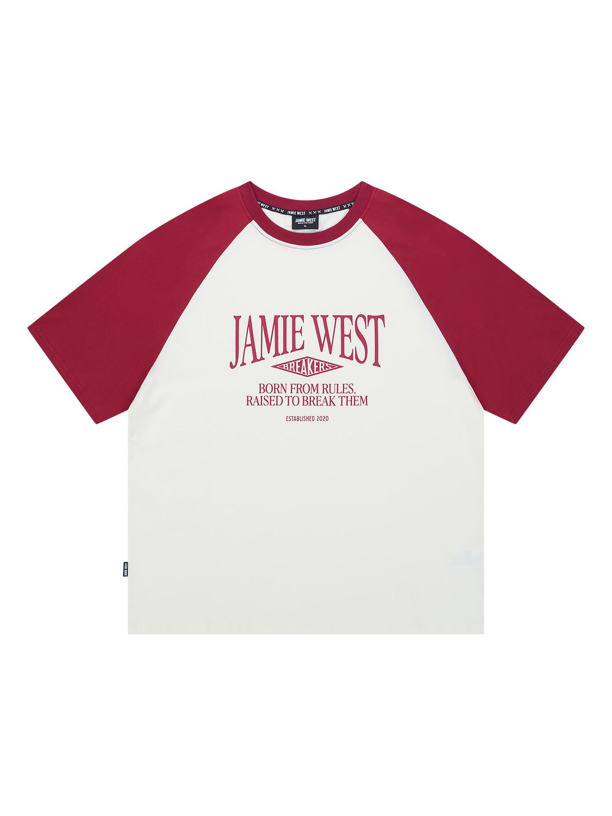 제이미웨스트(JAMIE WEST) 레트로 레터링 레귤러 래글런 티셔츠 (버건디)