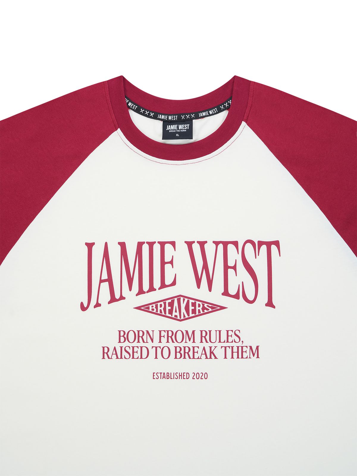 제이미웨스트(JAMIE WEST) 레트로 레터링 레귤러 래글런 티셔츠 (버건디)