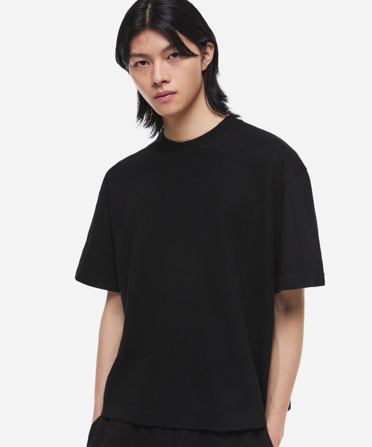 디파인(DEFINE) 크롭 와플 하프 티셔츠 모노 블랙