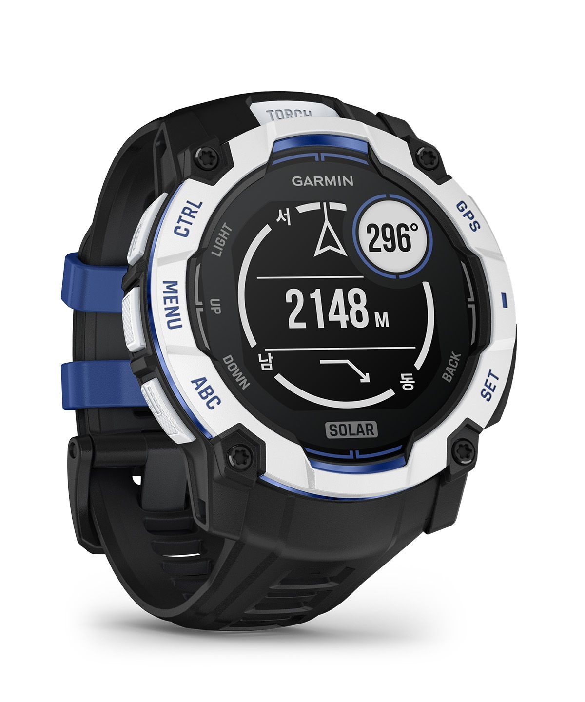 가민(GARMIN) 인스팅트3 50mm SOLAR 화이트스톤(블랙/볼트 블루 밴드)