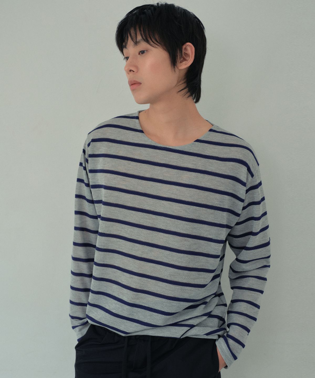 웬즈데이오아시스(WEDNESDAY OASIS) 본다이 스트라이프 롱 슬리브 티셔츠_MELANGE GRAY(WB6TP24)
