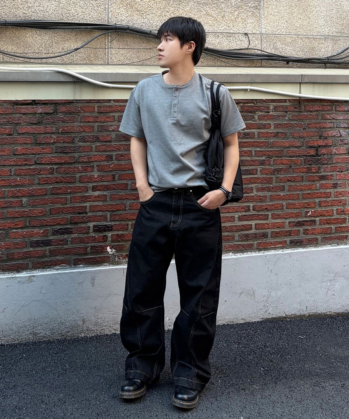 블론드나인(BLOND9) 헨리넥 오버핏 반팔 티셔츠_그레이