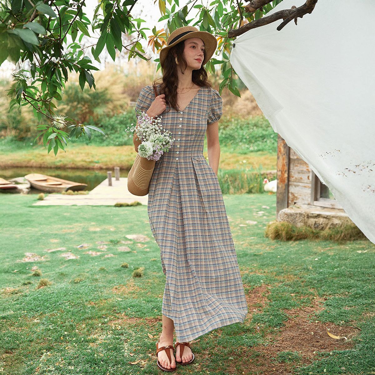 심플레트로(SIMPLE RETRO) SR_Ballad plaid v-neck dress