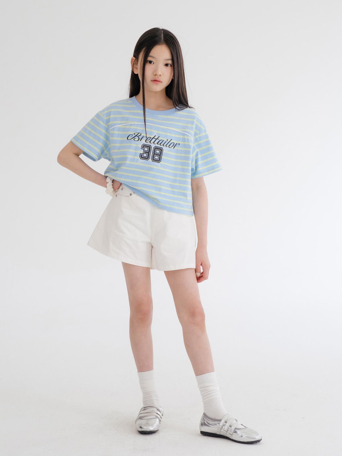 브렛테일러(BRETTAILOR) 아쿠아블루 컬리지 세미크롭 티