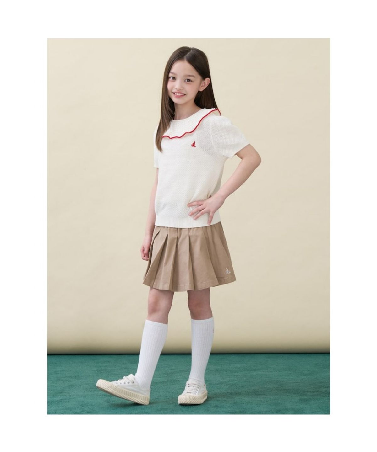 빈폴 키즈(BEANPOLE KIDS) 여아 러블리넥 면 반소매 니트  아이보리 (BI6451G020)