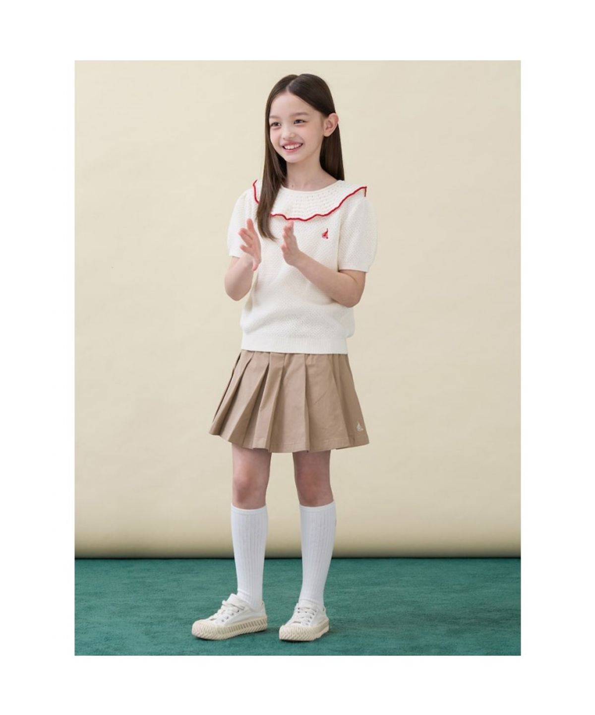 빈폴 키즈(BEANPOLE KIDS) 여아 러블리넥 면 반소매 니트  아이보리 (BI6451G020)
