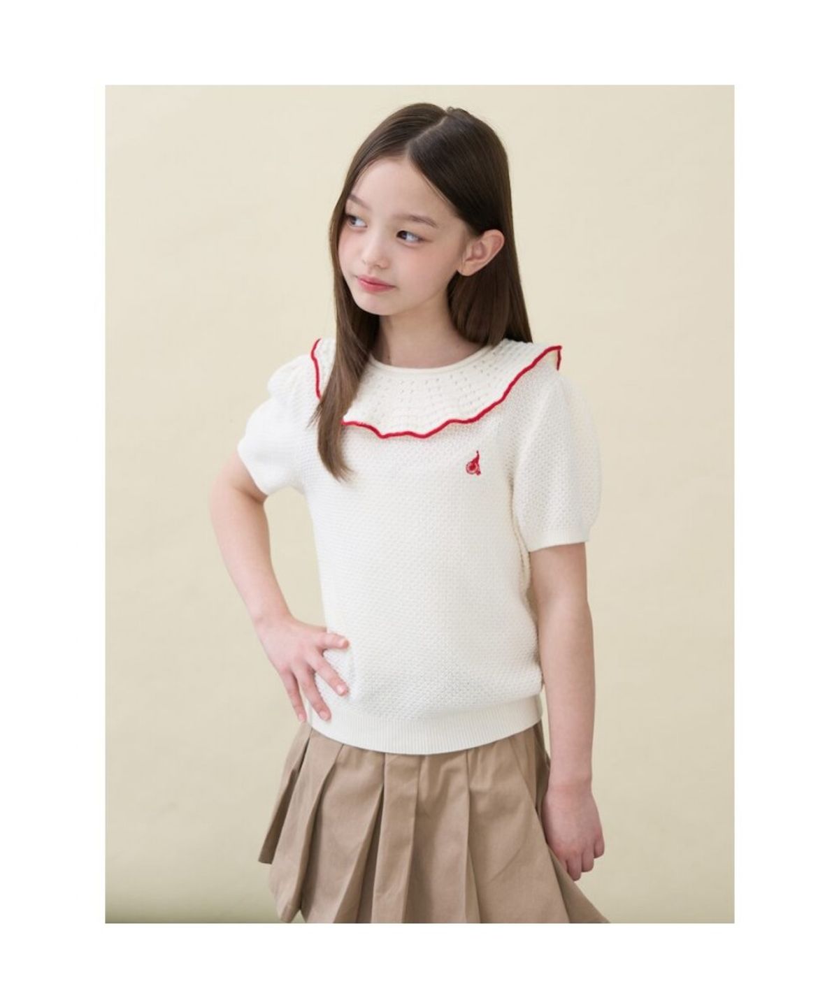 빈폴 키즈(BEANPOLE KIDS) 여아 러블리넥 면 반소매 니트  아이보리 (BI6451G020)