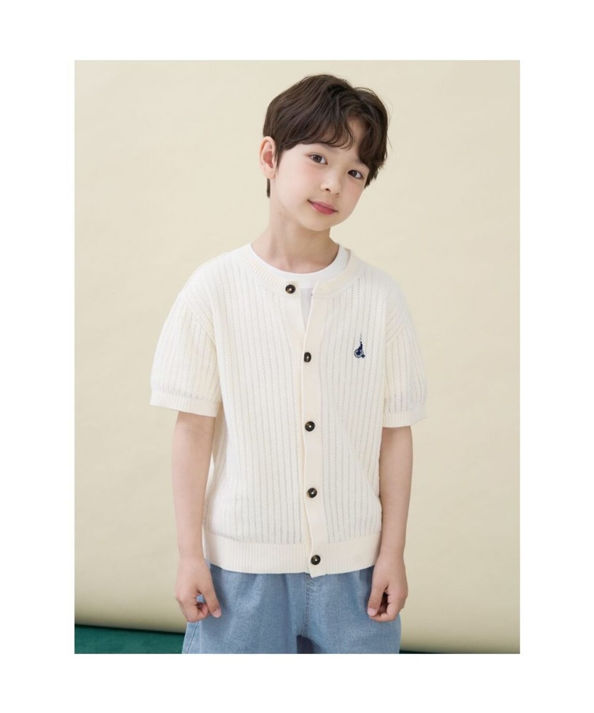 빈폴 키즈(BEANPOLE KIDS) [솔솔니트] 반소매 면 크로쉐 라운드 카디건  아이보리 (BI645AU010)