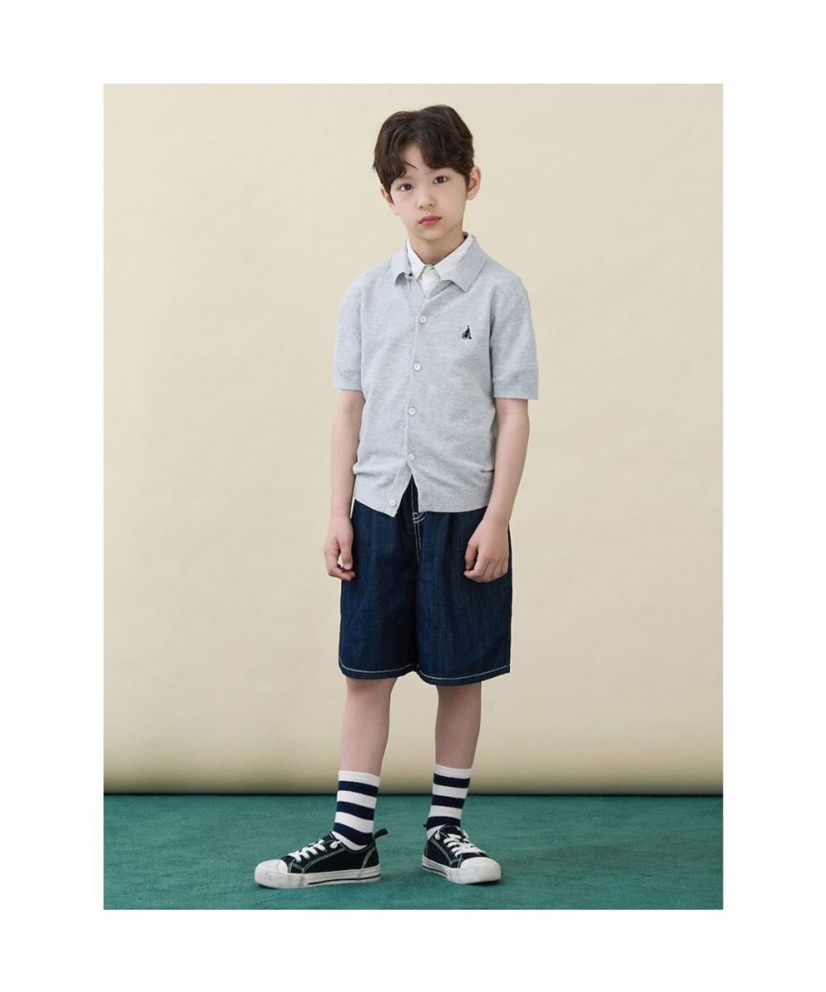 빈폴 키즈(BEANPOLE KIDS) [솔솔니트] 반소매 면 플레인 T칼라 가디건  그레이 (BI645AU023)