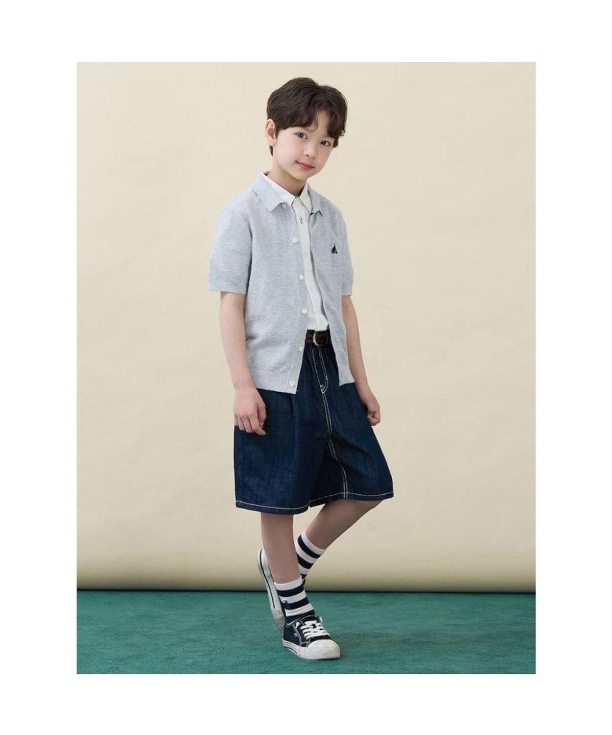 빈폴 키즈(BEANPOLE KIDS) [솔솔니트] 반소매 면 플레인 T칼라 가디건  그레이 (BI645AU023)