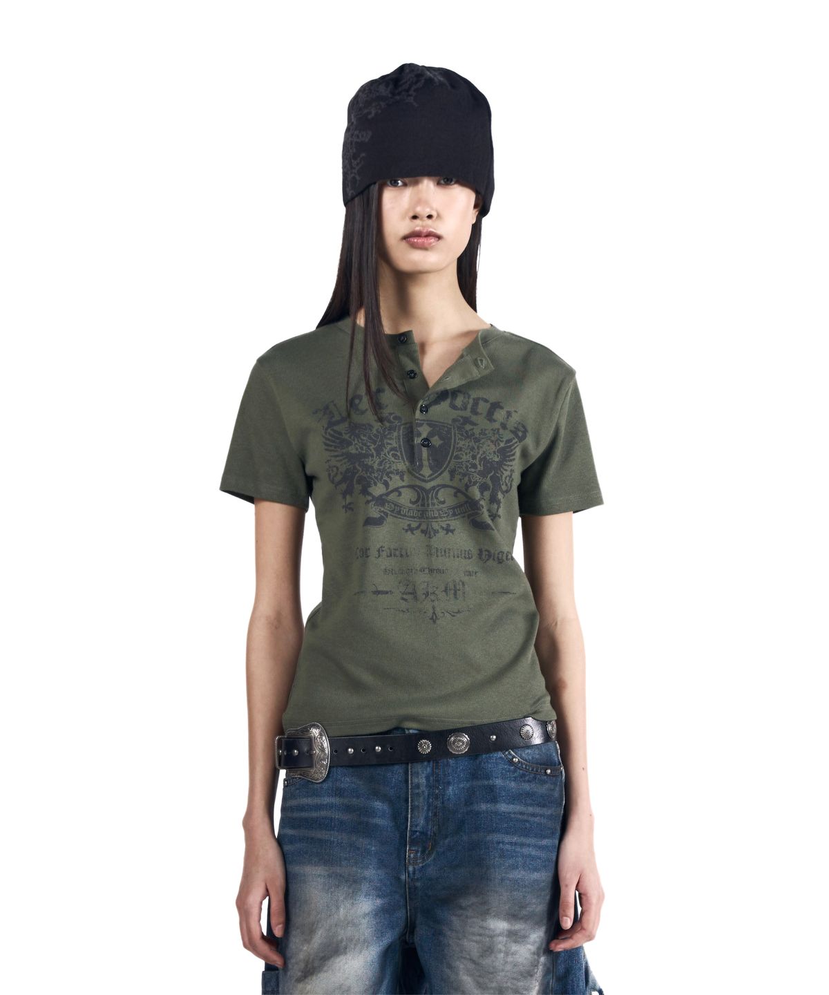 아캄(AAKAM) Shield Henry Neck Half Top (Khaki)