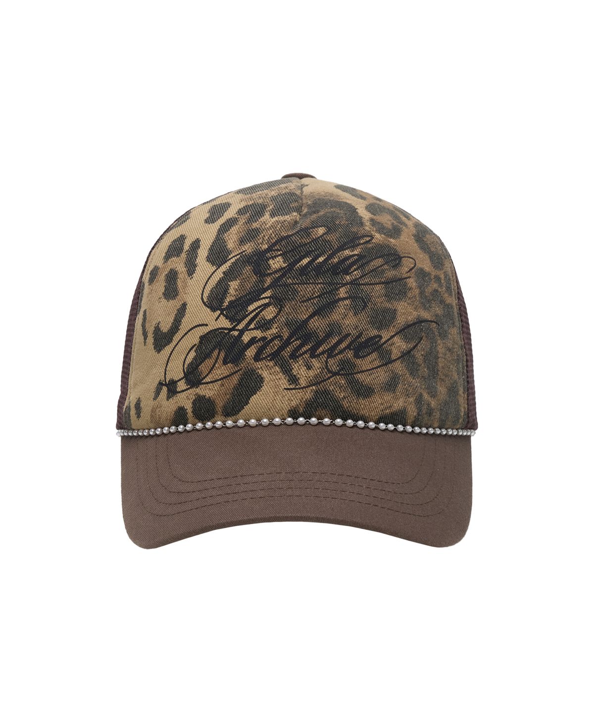 길라아카이브(GILAARCHIVE) LEOPARD PEARL CHAIN MESH CAP_BROWN