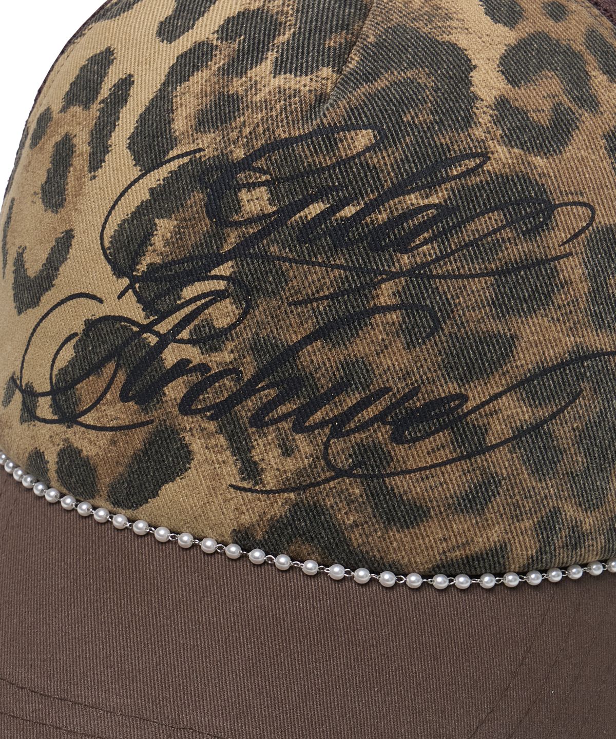 길라아카이브(GILAARCHIVE) LEOPARD PEARL CHAIN MESH CAP_BROWN