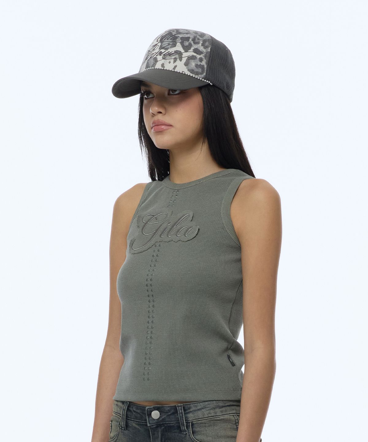 길라아카이브(GILAARCHIVE) LEOPARD PEARL CHAIN MESH CAP_GREY