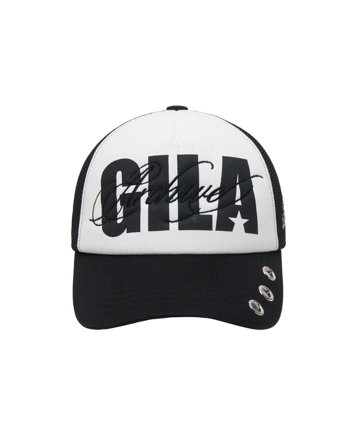 길라아카이브(GILAARCHIVE) EYELET BOLD LOGO MESH CAP_BLACK