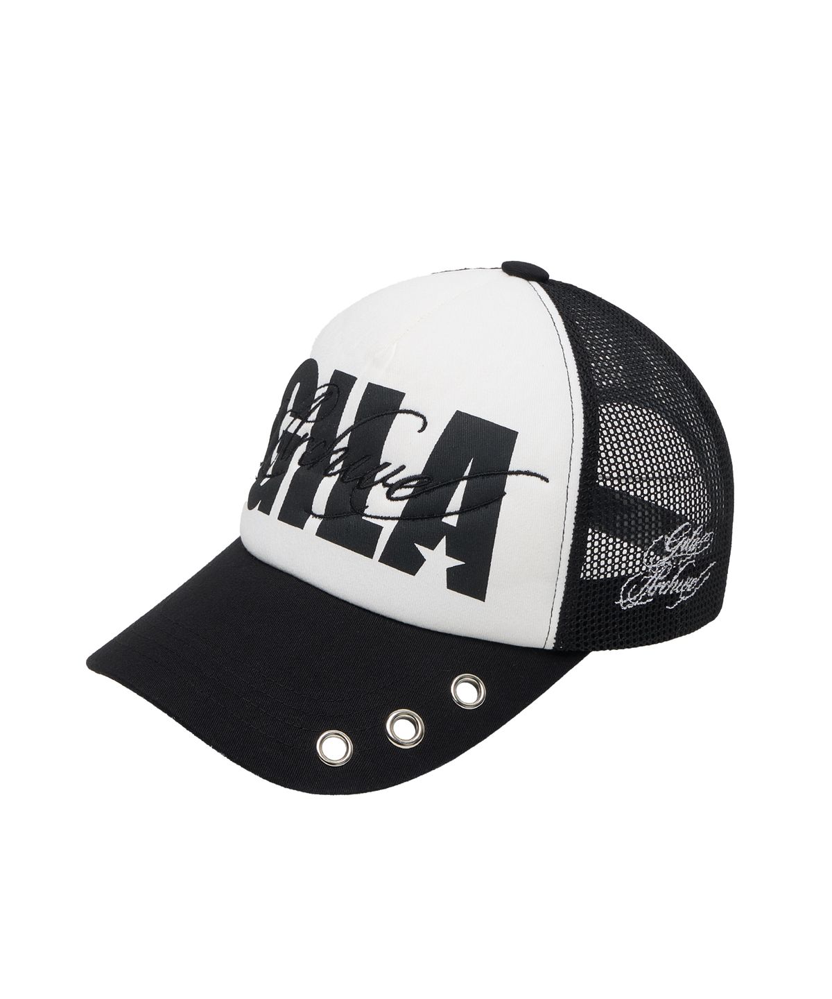길라아카이브(GILAARCHIVE) EYELET BOLD LOGO MESH CAP_BLACK