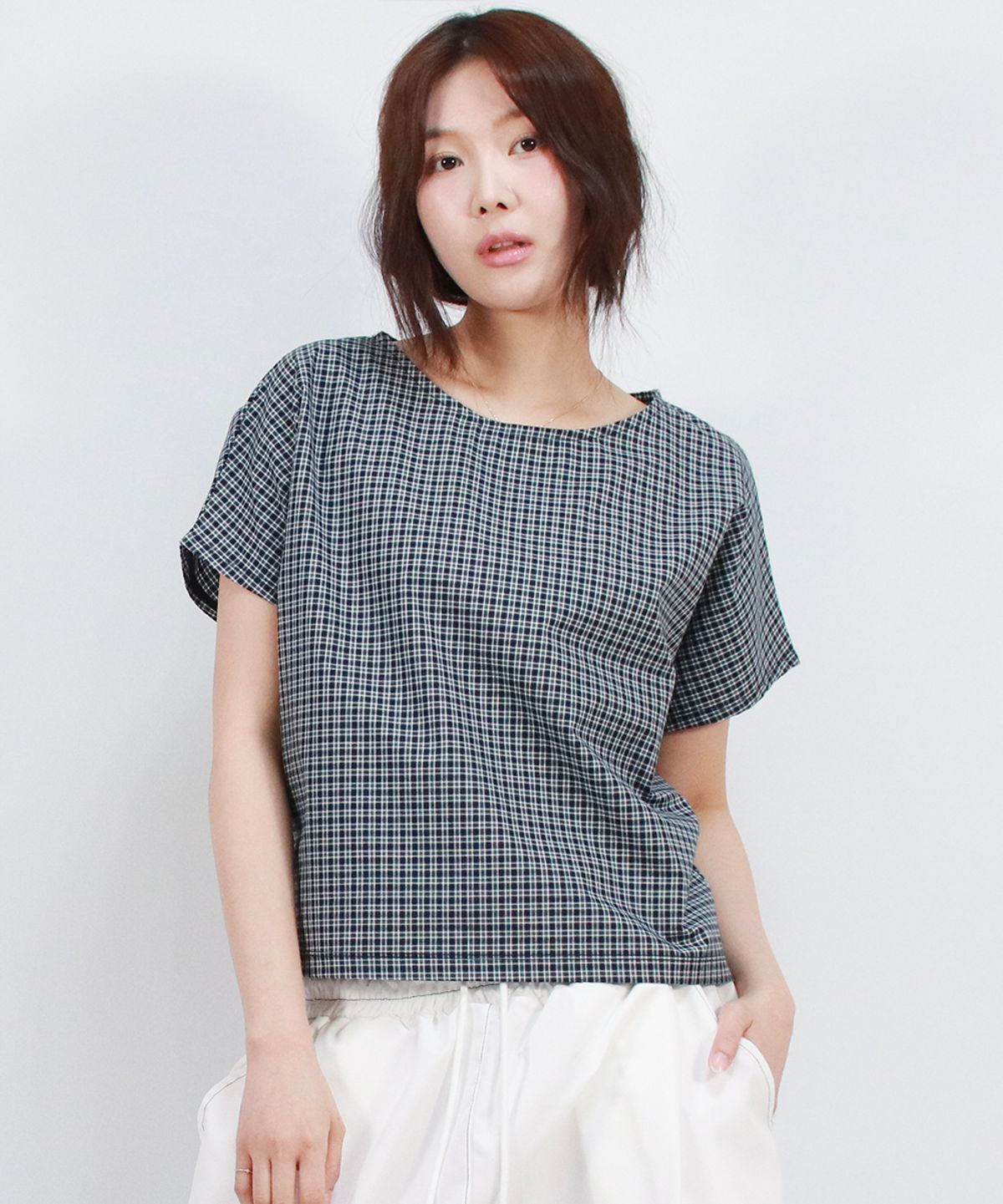 드마크(DEMARC) checkered mini French short-sleeved shirt  Blue