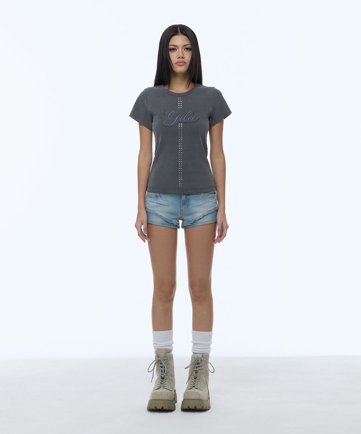 길라아카이브(GILAARCHIVE) RAW EDGE SCRIPT LOGO DENIM SHORTS_LIGHT BLUE