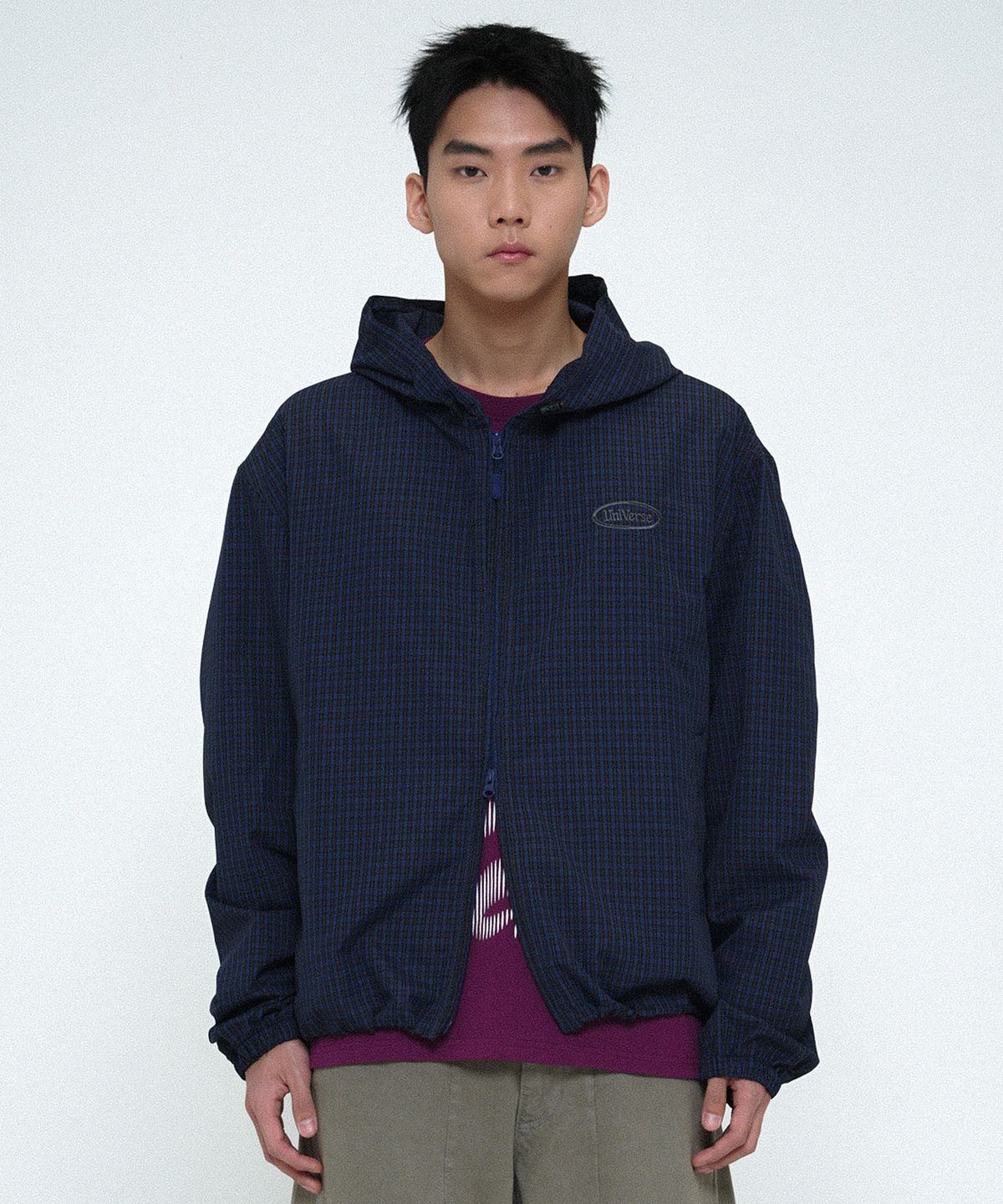 유니버스 가먼트(UNIVERSE GARMENT) 체크 후드 윈드브레이커 점퍼_NAVY