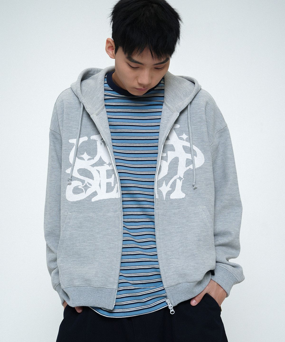 유니버스 가먼트(UNIVERSE GARMENT) 그래피티 와플 후드 집업_MELANGE GREY