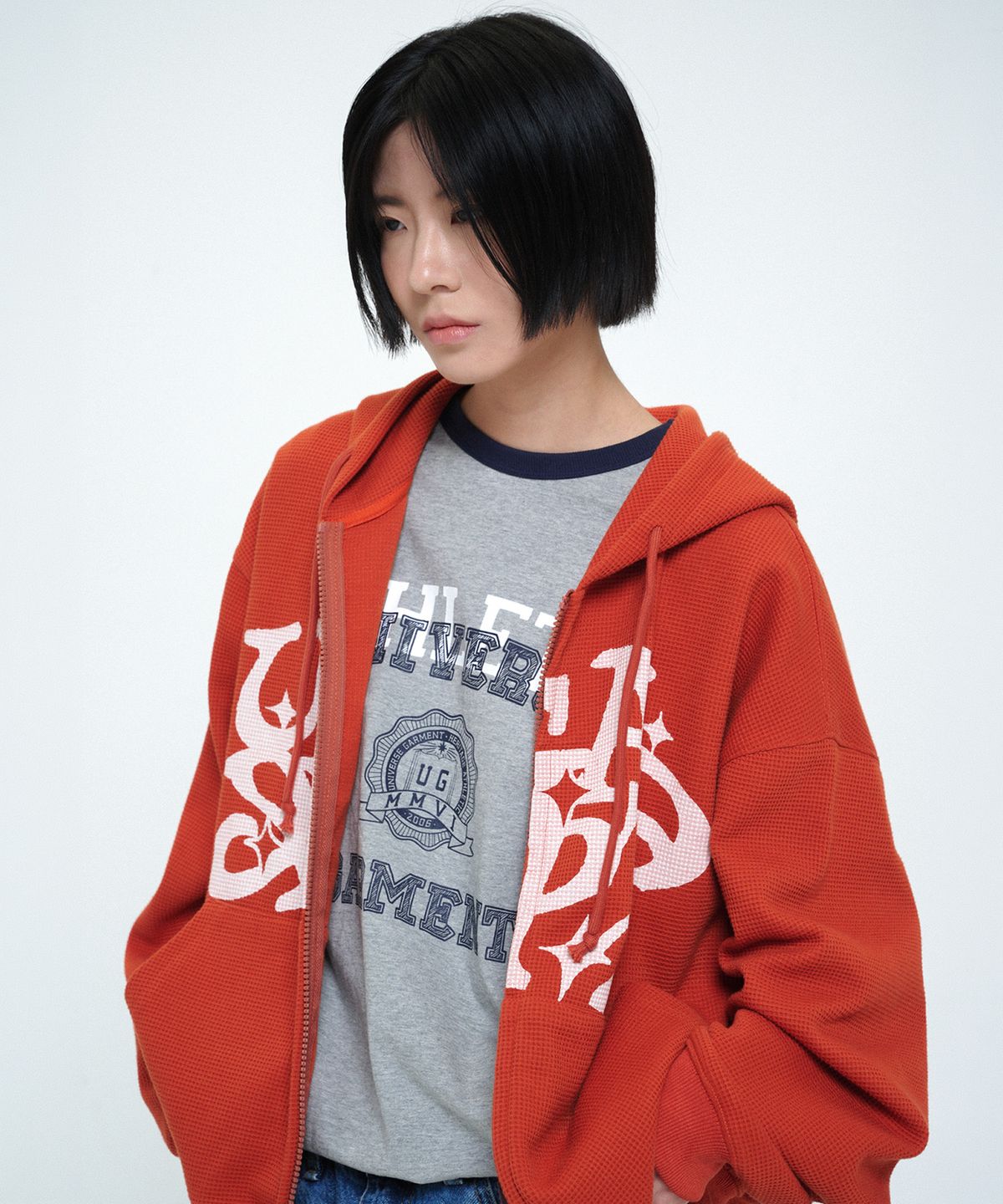 유니버스 가먼트(UNIVERSE GARMENT) 그래피티 와플 후드 집업_ORANGE