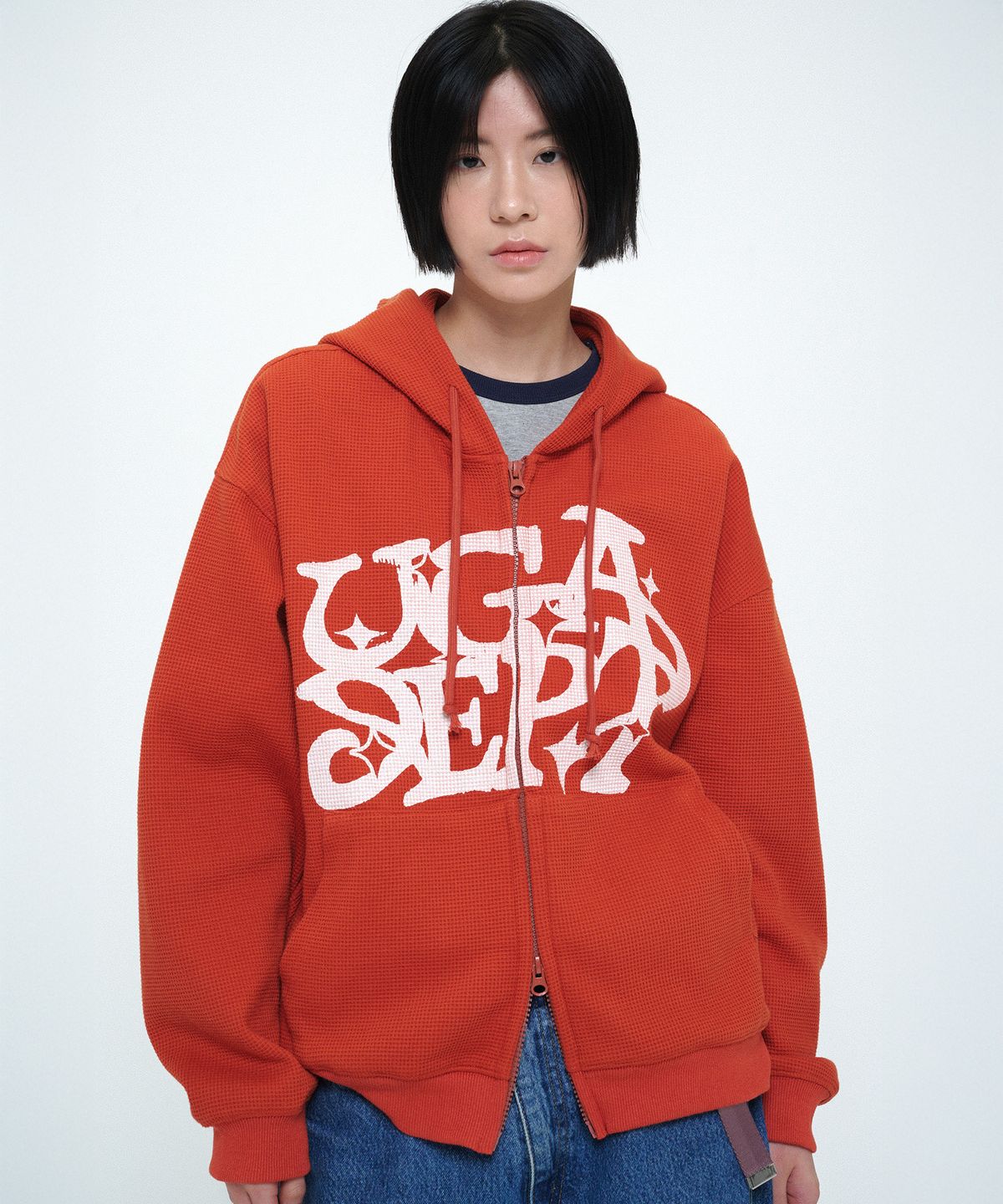 유니버스 가먼트(UNIVERSE GARMENT) 그래피티 와플 후드 집업_ORANGE